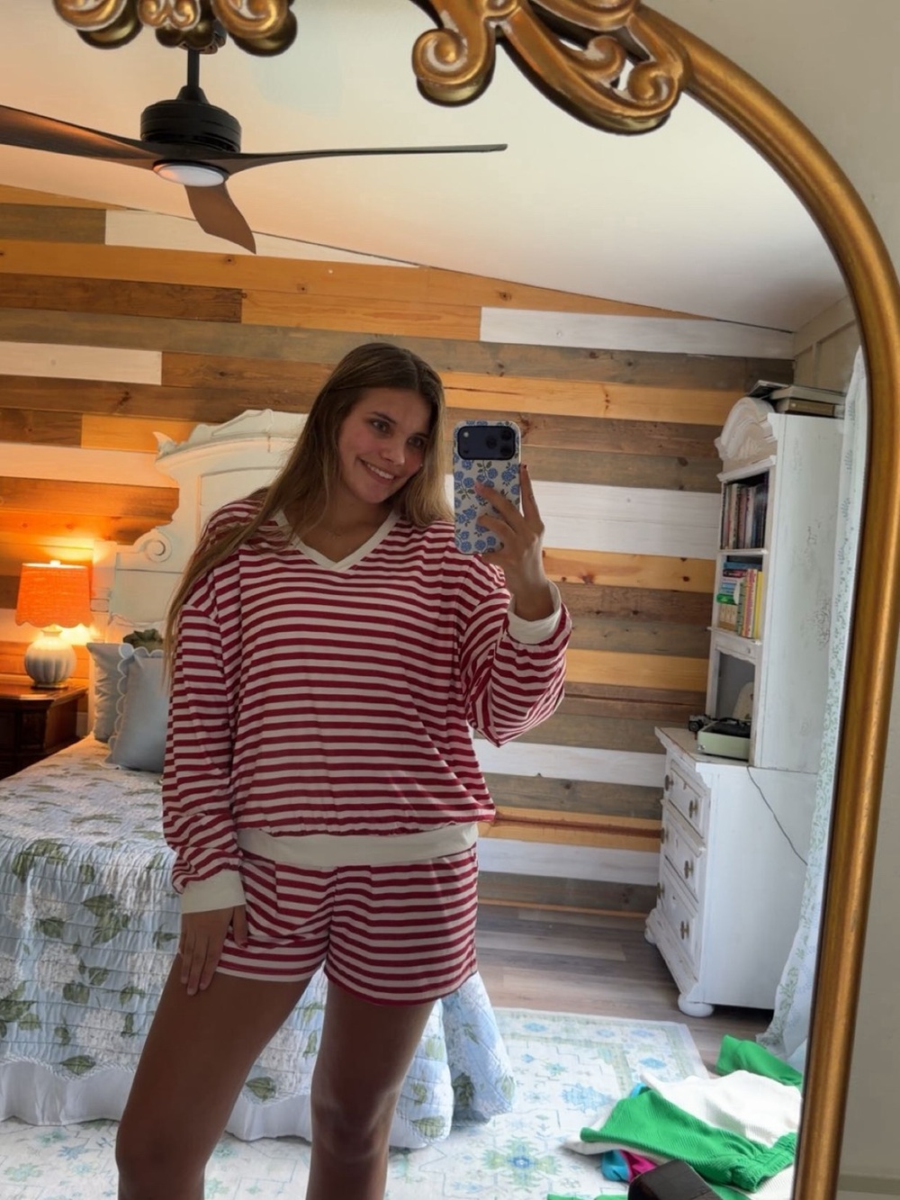 Striped Red & White Lounge Set -V-Neck Top & Shorts